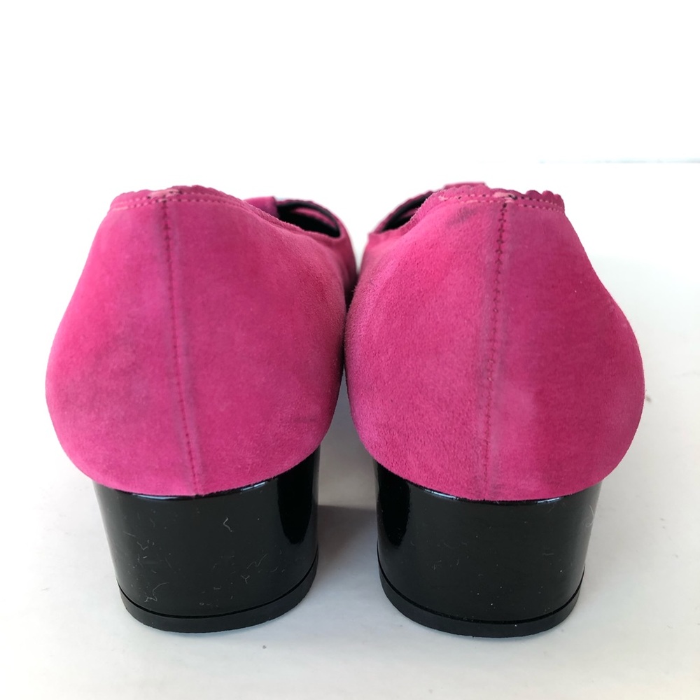 ♦️SOLD♦️SALVATORE FERRAGAMO Pink Suede Black Patent Leather Cap Toe Flat Loafer - Picture 6 of 14